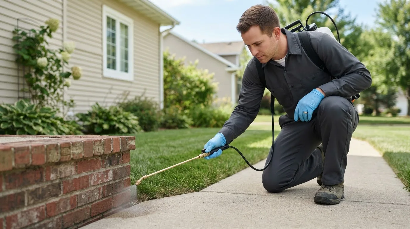 Pest control technician treating a home near Howardsville, VA